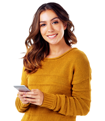 Woman in orange sweater smiles while texting